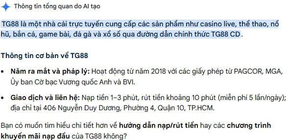 Ảnh chụp AI Overview của Google tóm tắt thông tin TG88